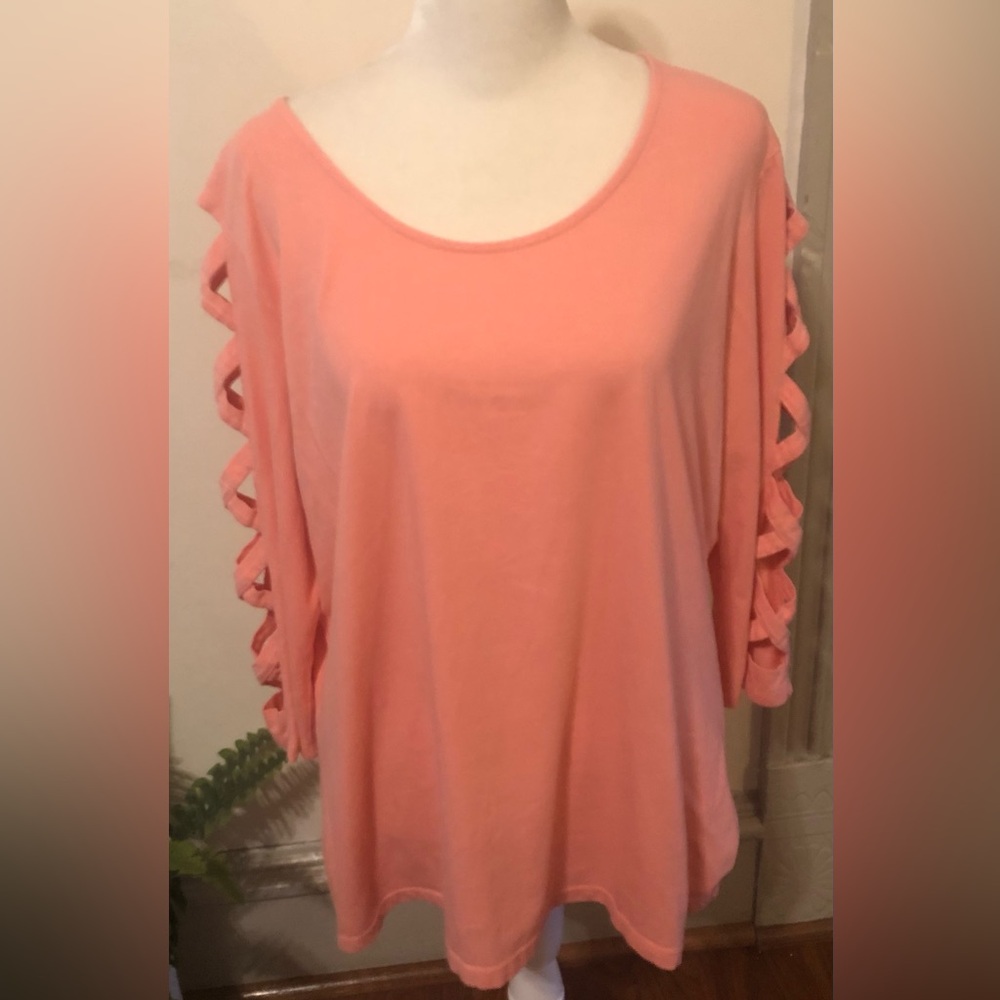 Denim 24/7 Womens Top Sz 14/16 Cut Out 3/4 Sleeve Peach Cotton Blend Perfect!